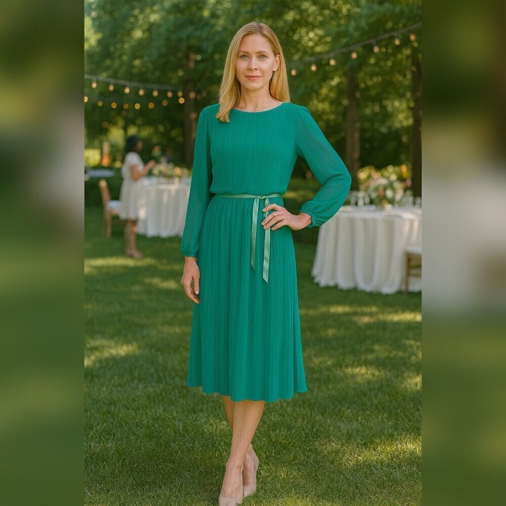 Vintage Discovery Fashion LTD. Size 12 Green Pleated Polyester Dress